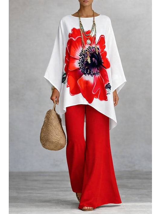 Women's Pants Sets Long Sleeve Round Neck Floral Graphic
