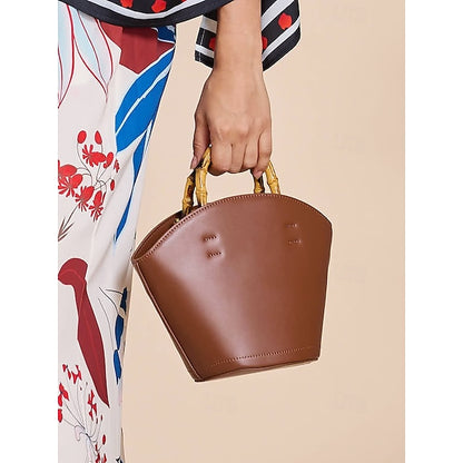 Bucket Bag Bamboo Handle Leather Brown Women's with