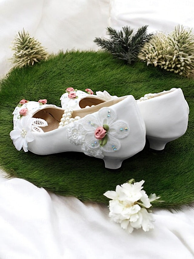 for Floral Strap Bridal Pearl Low Embellished White Heel Shoes