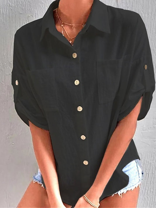 Women's Cotton Linen Shirts Blouse Pocket Buttons Plain