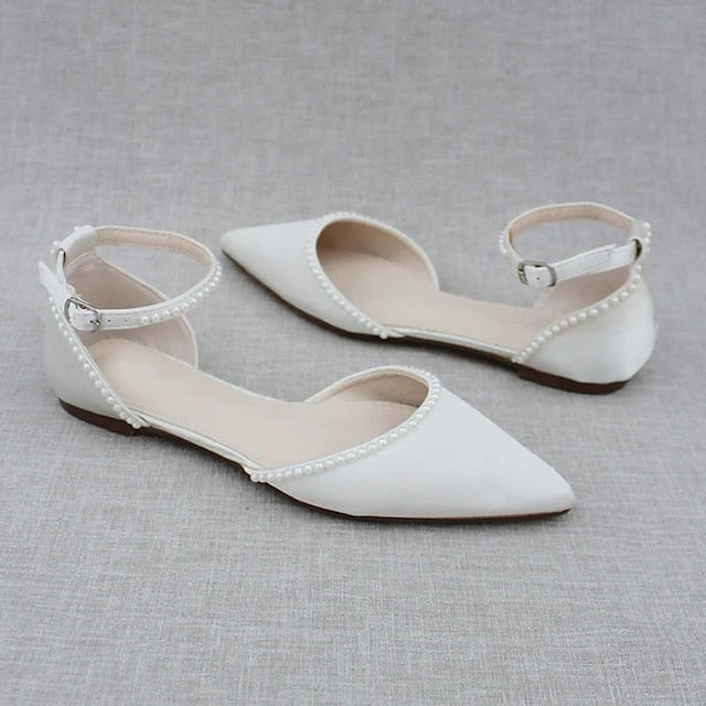 Flat White Women's Toe Shoes Pearl-Embellished with Pointed