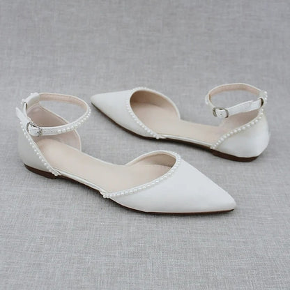 Flat White Women's Toe Shoes Pearl-Embellished with Pointed
