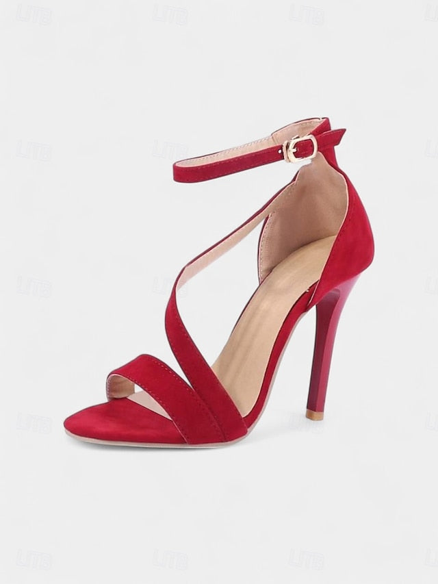 High - Sandals Open-Toe Stiletto Women's Strappy Red Suede