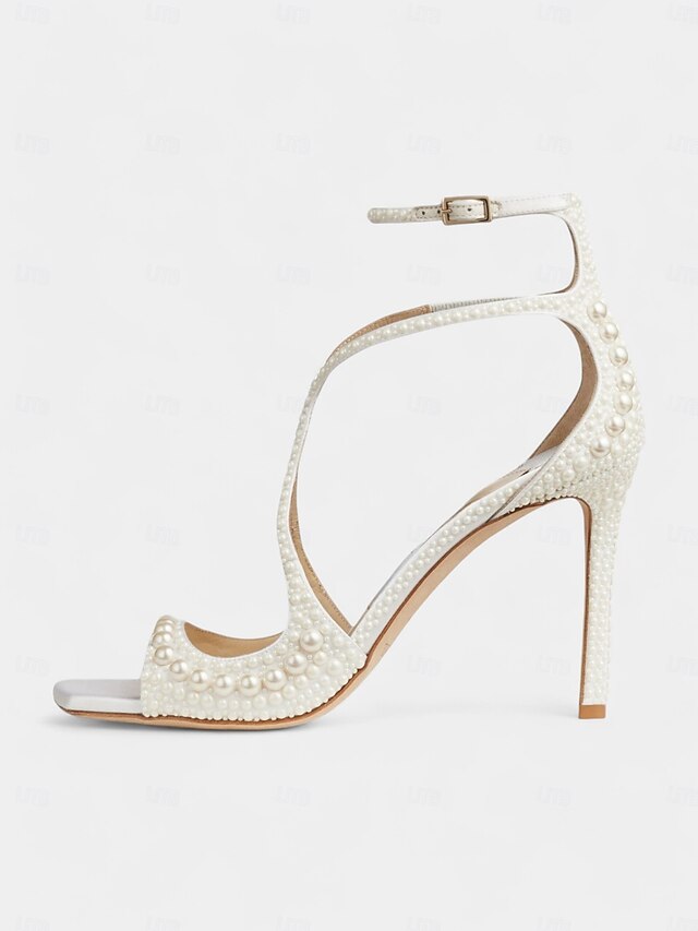 Stiletto Sandals Pearl-Embellished White Open-Toe with Ankle