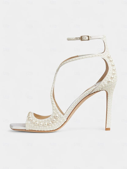 Stiletto Sandals Pearl-Embellished White Open-Toe with Ankle