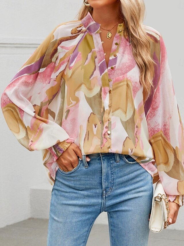 Women's Blouse Buttons Print Graphic Color Block Stylish