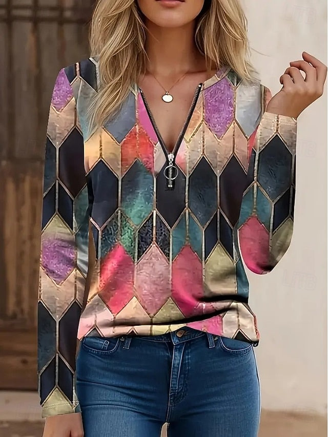Women's T Shirt Quarter Zip Long Sleeve Casual Graphic