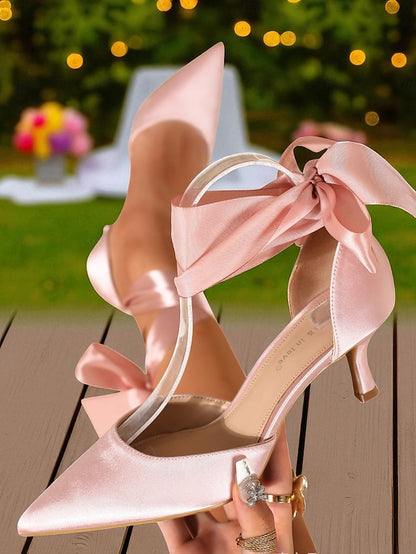 Women's Kitten Satin Pointed-Toe with Heel Shoes Ribbon