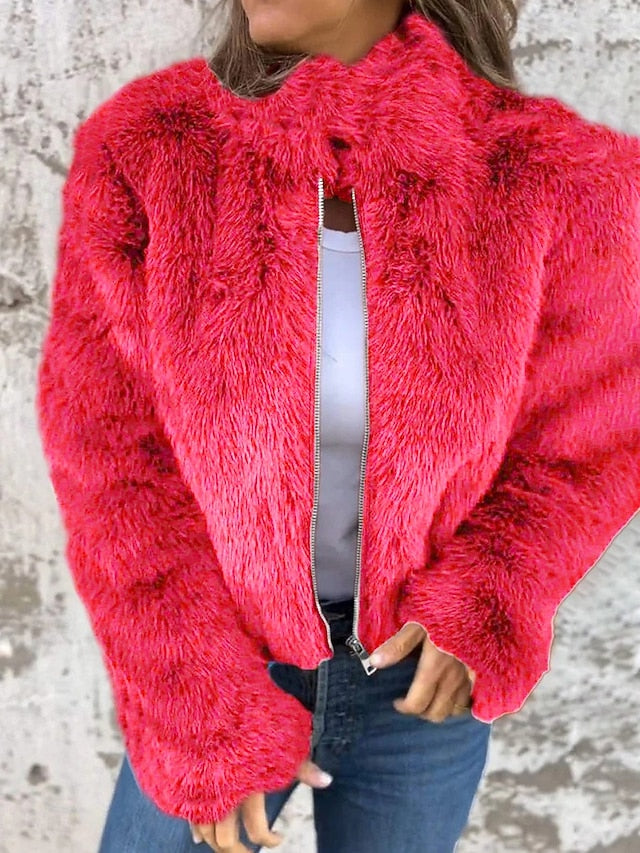 Breathable Fur Casual Coat Plain Faux Women's Warm Zipper