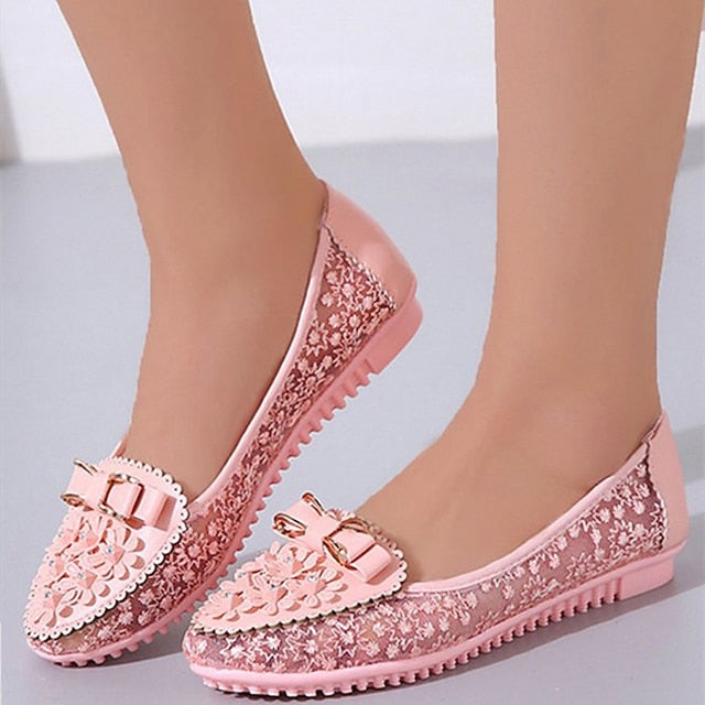 - Flats Bow and Details Pink Floral Lace with Women's
