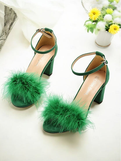 Block Feather-Embellished – Sandals for Women Heel Wedding