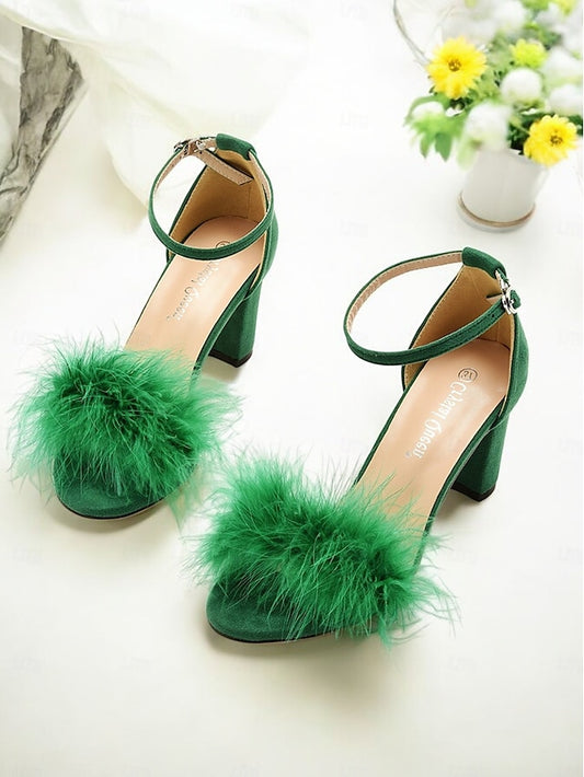 Block Feather-Embellished – Sandals for Women Heel Wedding