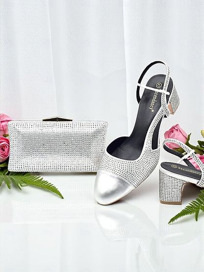 Gold - Block Set Matching Women's and Heel Sandals Clutch