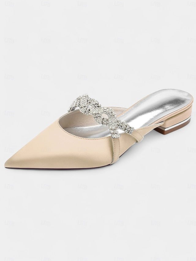 Pointed-Toe - Detailing with Mule Blue Heels Satin Rhinestone