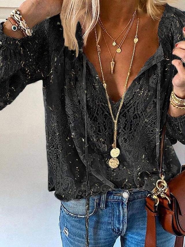 Women's Boho Lace Blouse V Neck Long Sleeve Casual