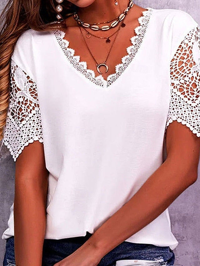 Women's T Shirt Lace Patchwork Eyelet Plain Fashion Modern