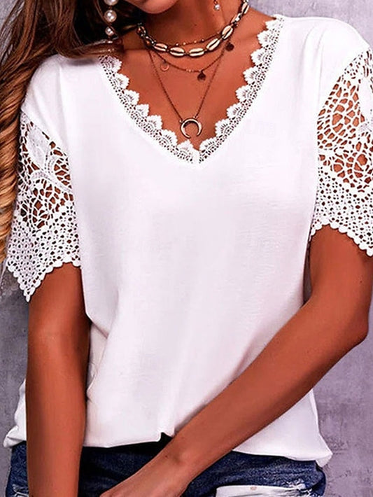 Women's T Shirt Lace Patchwork Eyelet Plain Fashion Modern