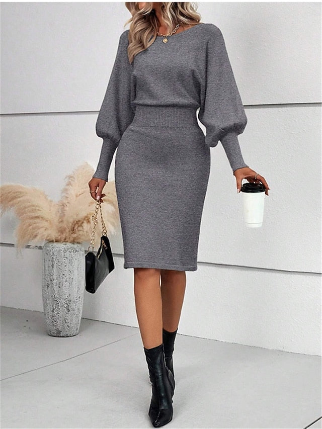 Women's Sweater Dress Casual Soft Pure Color Ribbed Crew