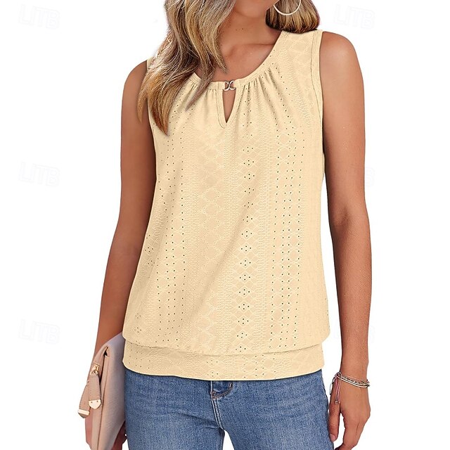 Women's T Shirt Eyelet Solid Color Casual Sleeveless Crew