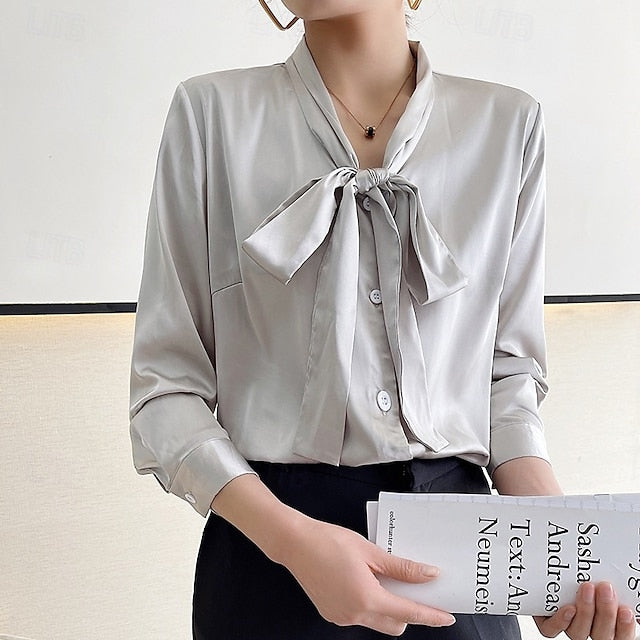 Satin Solid Women's Shirt Buttons Top Elegant Silk
