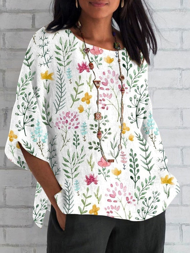 Women's Shirt Faux Cotton Linen Print Floral Daily Casual