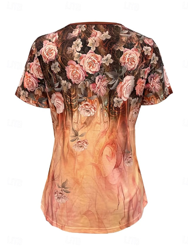 Women's T Shirt Casual Ombre Floral Buttons Short Sleeve