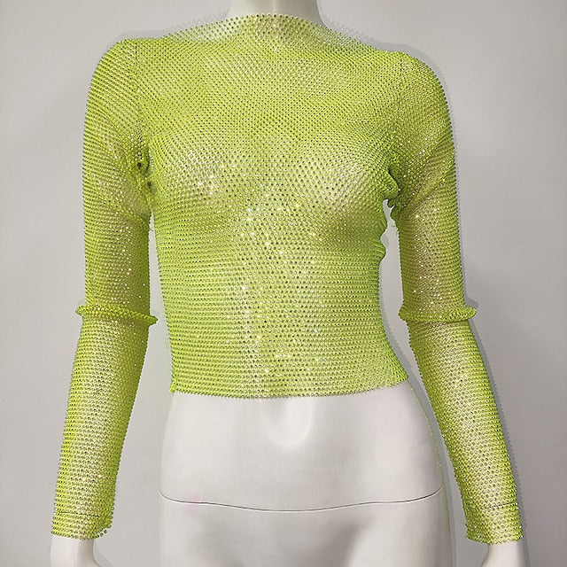 Metallic Sparkle Sexy Shirt Sheer Mesh Rhinestone Cover Up Disco