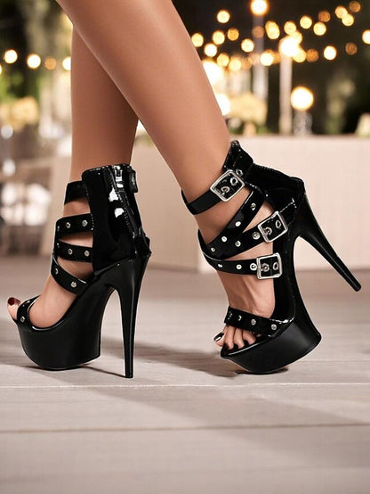 Women's High Platform Buckled White and Straps Heels with