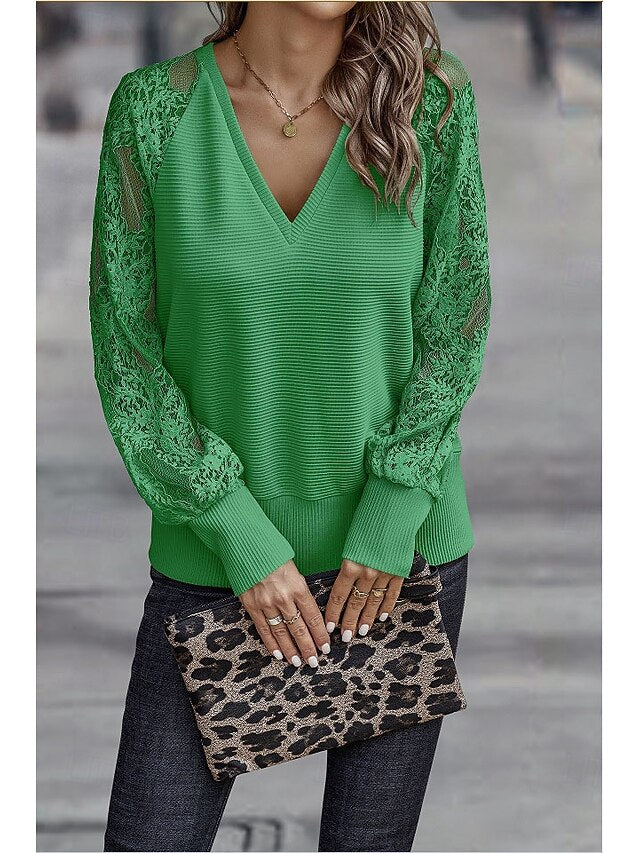 Women's Top Lace Knit Ribbed Embroidered Tops Splicing
