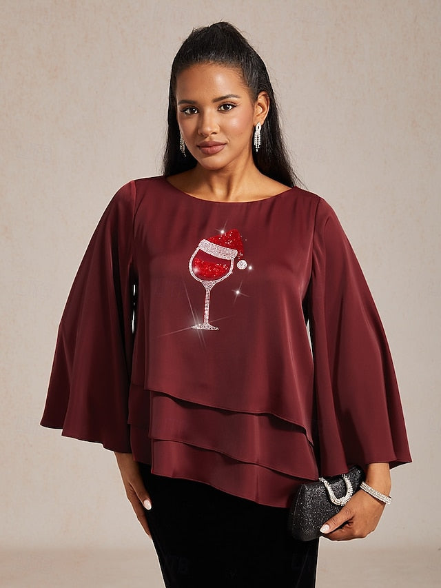 Christmas Women's Satin Shirt Blouse Rhinestone Wine Glass