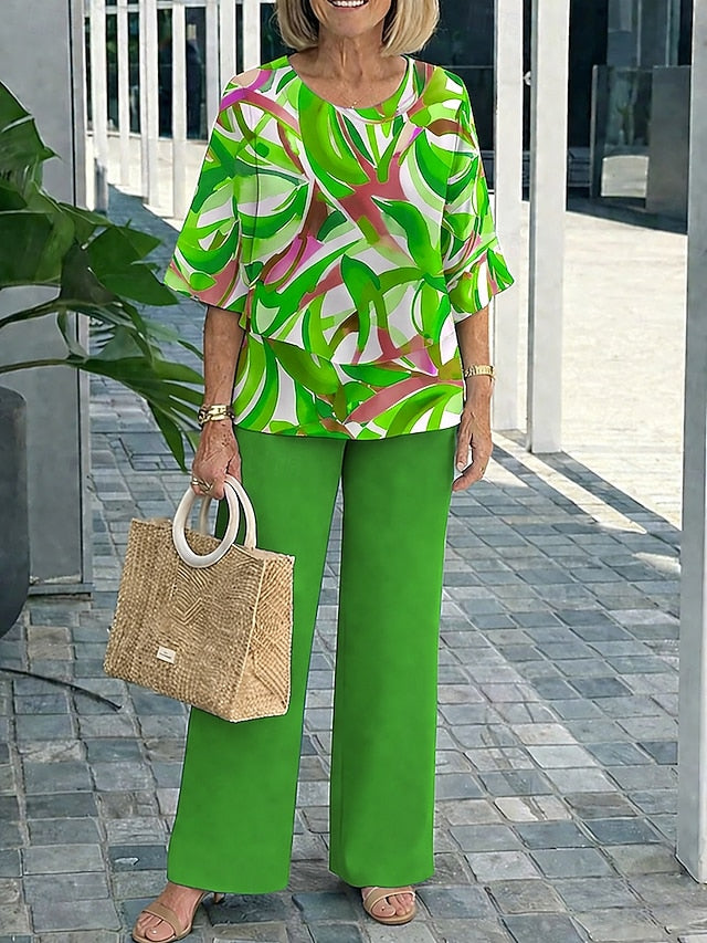 Women's Pants Sets 3/4 Length Sleeve Round Neck Graphic