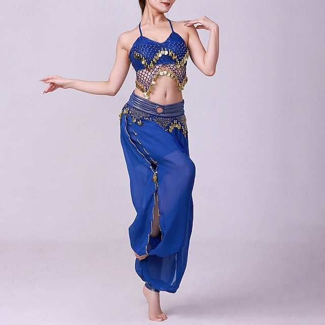 Latin Dance Top Gold Coin Pure Color Splicing Women's