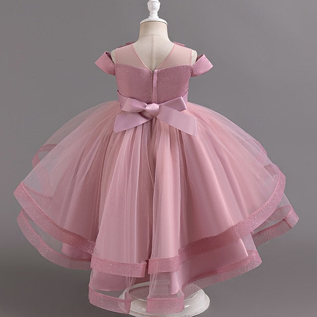 Color Short Kids Dress Party Solid Sleeve Girls' Wedding