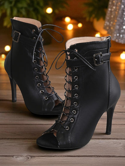 Booties High Black Heel Peep Toe - Stiletto Women's Lace-Up