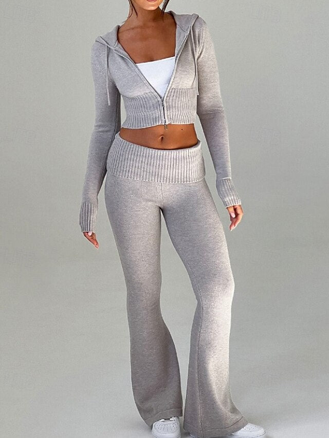Women's Pants Sets Bolero Top Long Sleeve Hooded Plain