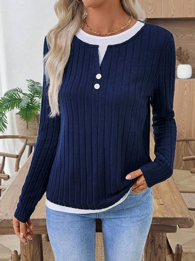 Women's Blouse Patchwork Buttons Solid Color Stylish Casual