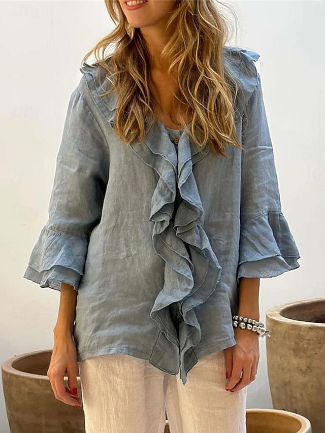 Women's Shirt Blouse Faux Cotton Linen Ruffle Solid Color