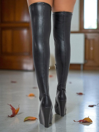 Knee the Wedge Over Women's Black - Heel Faux Boots Leather