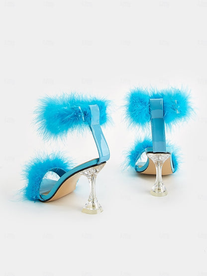 Feather-Embellished Heel Clear with Sandals Turquoise High
