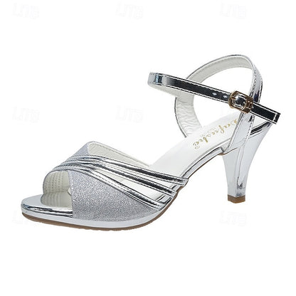 Straps - with Sandals Women's Silver Glitter Mid Heel