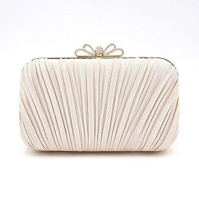 Bow Pleated Clutch Elegant Bag White Rhinestone Women's –