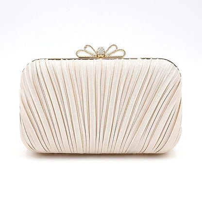 Bow Pleated Clutch Elegant Bag White Rhinestone Women's –