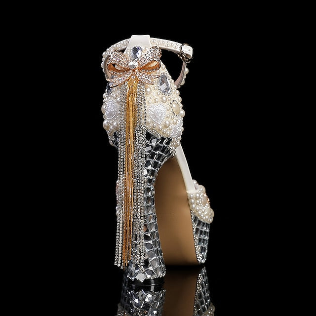 Rhinestone Embellished Platform White and Pearl Women's