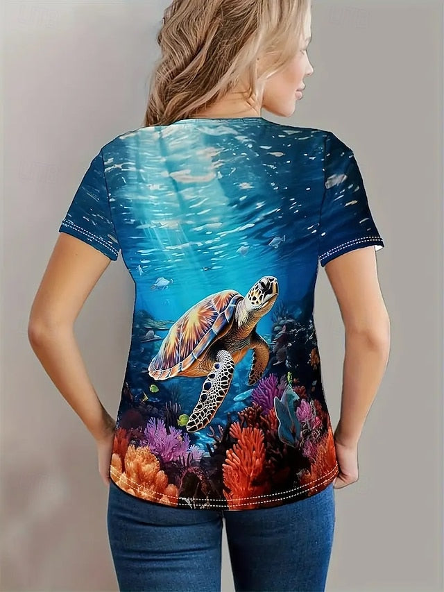 Women's T Shirt Summer Tops Print Scenery Sea Turtle