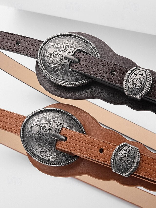 Leather Vintage Women's Faux Belt with Carved Western Waist