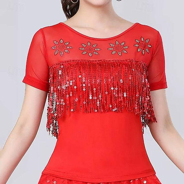 Latin Dance Top Tassel Pure Color Splicing Women's