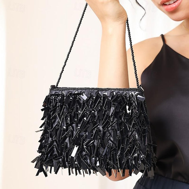 Black Clutch Luxurious and with Crystal Fringe Evening Sparkling