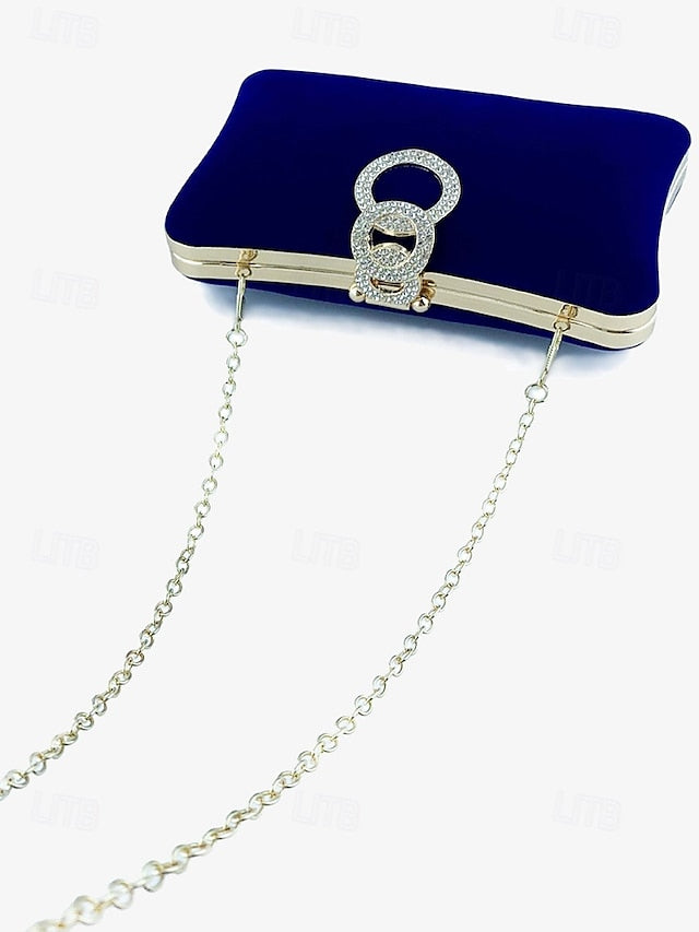 Elegant Bag Velvet with Clutch Rhinestone Ring Women's Blue
