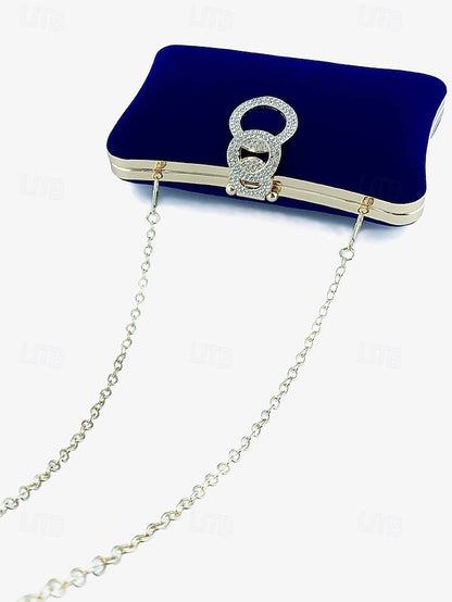 Elegant Bag Velvet with Clutch Rhinestone Ring Women's Blue