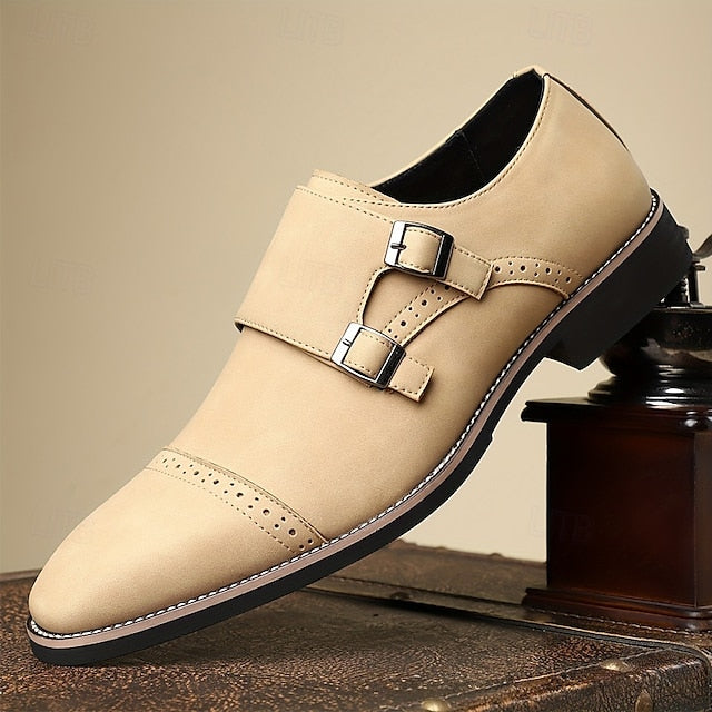 Men's Shoes Strap Double Leather Faux Monk Beige with